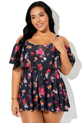 Multi Floral Print Cold Shoulder Ruffle Trim Swimdress