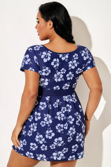 Elegant Hibiscus Print Short Sleeve Women Swimdress
