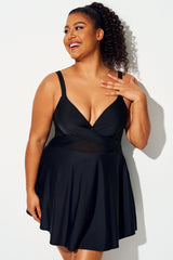 Black Cut Out Mesh Underwire Plunge Neck Swimdress