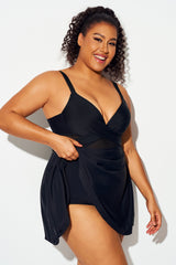 Black Cut Out Mesh Underwire Plunge Neck Swimdress