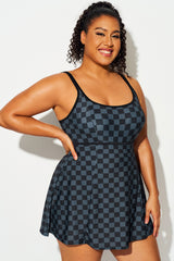 Black Check Double Shoulder Straps Flowy Swimdress