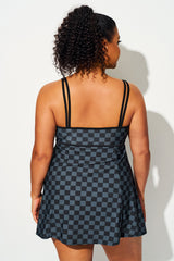 Black Check Double Shoulder Straps Flowy Swimdress