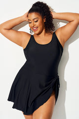 Black Irregular Hem Tummy Control Swimdress