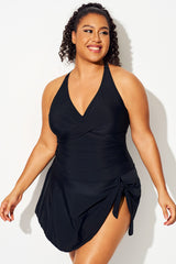 Black Tie Hem Crisscross Back Control Tummy Swimdress