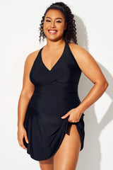 Black Tie Hem Crisscross Back Control Tummy Swimdress