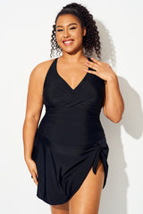 Black Tie Hem Crisscross Back Control Tummy Swimdress