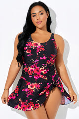 Red Floral Tie Hem Wide Straps Swimdress
