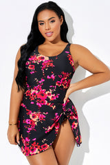 Red Floral Tie Hem Wide Straps Swimdress