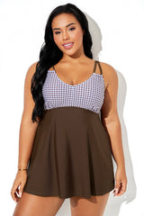 Brown Check Double-Loop Strap Elegant Swimdress