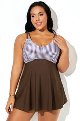 Brown Check Double-Loop Strap Elegant Swimdress