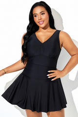 Black V-Neck Built-In Brief Sport Swimdress