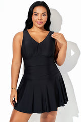 Black V-Neck Built-In Brief Sport Swimdress
