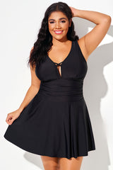 Black Wide Strap Deep V-Neck Swimdress