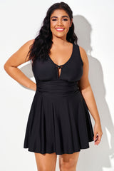 Black Wide Strap Deep V-Neck Swimdress