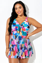 Colorful Block Knot Front Adjustable Strap Swimdress