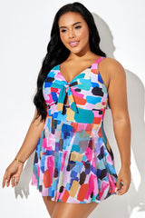Colorful Block Knot Front Adjustable Strap Swimdress