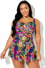 Belly Ruched Ruffle Hem Tropical Print Swimdress
