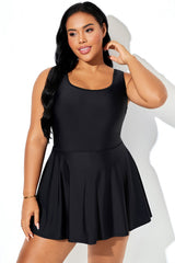 Black Square Neck Wide Strap Swimdress With Built-In Short