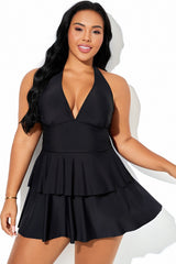 Black Halter Multi-Layer Ruched Hem Swimdress