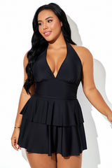 Black Halter Multi-Layer Ruched Hem Swimdress