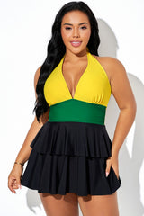 Three Color Contrast Halter Multi-Layer Ruched Hem Swimdress