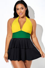 Three Color Contrast Halter Multi-Layer Ruched Hem Swimdress