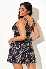 Plus Size Golden Floral Print Mesh Swimdress