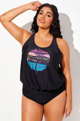 Island Print Wide Strap Racerback Blouson Tankini Top