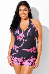 Pink Floral Print V-Neck Halter Tankini Top