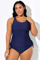 Plus Size Dark Blue Built-In Bra Racerback Tankini Top