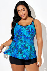 Green Palm Print Adjustable Strap Summer Tankini Top