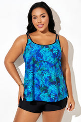 Green Palm Print Adjustable Strap Summer Tankini Top