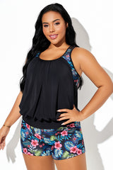 Floral Print Wide Strap T-Back Blouson Tankini Top
