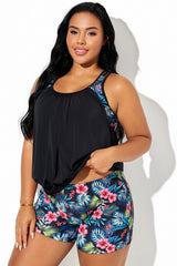 Floral Print Wide Strap T-Back Blouson Tankini Top
