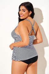 Plus Size Criss-Cross Striped Backless Tankini Top