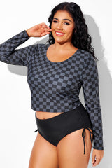 Black & Grey Check Long Sleeves Round Neck Tankini Top