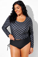 Black & Grey Check Long Sleeves Round Neck Tankini Top