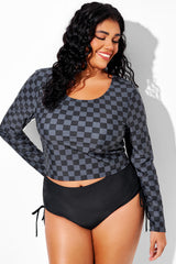 Black & Grey Check Long Sleeves Round Neck Tankini Top