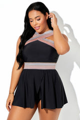 Black Cross Front Colorful Stripe Strap Tankini Top