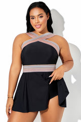 Black Cross Front Colorful Stripe Strap Tankini Top