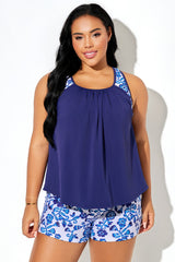 Porcelain Blue Floral Print Racerback Tankini Top