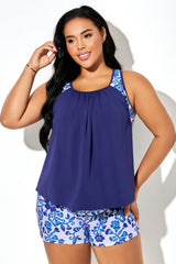 Porcelain Blue Floral Print Racerback Tankini Top