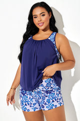 Porcelain Blue Floral Print Racerback Tankini Top