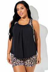 Black & Leopard Print Stitching Racerback Tankini Top
