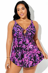 Pink & Purple Floral Print A-Line Hem Tankini Top
