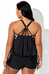 Floral Print Camisole Style Cross Straps Tankini Top