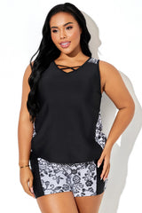 Black Floral Cross-Neck Retro Pattern Tankini Top