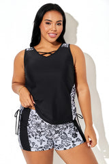 Black Floral Cross-Neck Retro Pattern Tankini Top