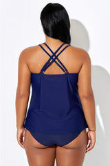 Navy Blue Double Cross Straps Tankini Top