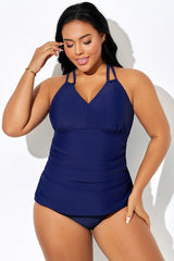Navy Blue Double Cross Straps Tankini Top